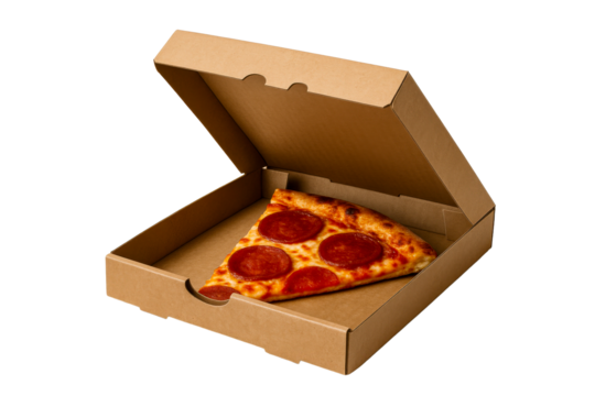 Single pepperoni pizza slice in open cardboard takeaway box