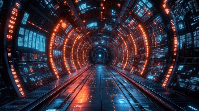 Futuristic tunnel with glowing orange/blue panels - Powered by Adobe