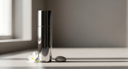 Luxury metallic cosmetic spray bottle with white flower and zen stone mockup
