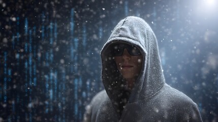 Anonymous figure in a hooded jacket and sunglasses amidst falling snow with a digital code background