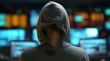 Anonymous figure in hood observes glowing computer screens in a dark high tech room