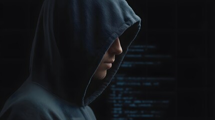 A person wearing a hood looks at lines of code on a dark digital background evoking a sense of mystery and concent n