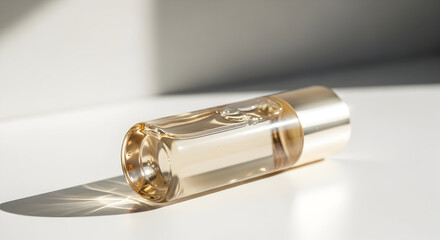 Golden beauty serum bottle illuminated by natural sunlight for luxury cosmetics display