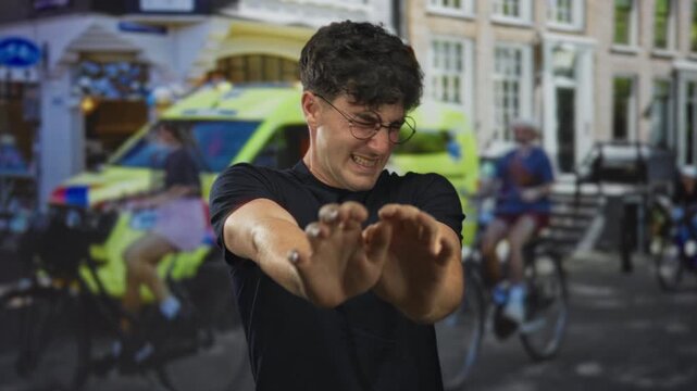 Man with hands raised pushing away in a crowded city street near a yellow ambulance and cyclists; panic urgency.