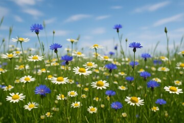 Blooming chamomile and cornflower wildflowers in green summer field under blue sky, vibrant nature beauty and seasonal meadow flora concept. Ai generative