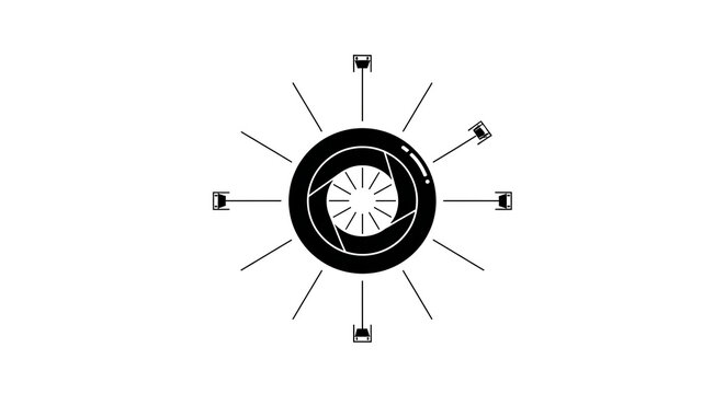 A black and white graphic with a circular aperture surrounded by lights and radiating lines design