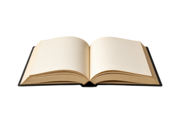 Open old book with blank cream pages on white