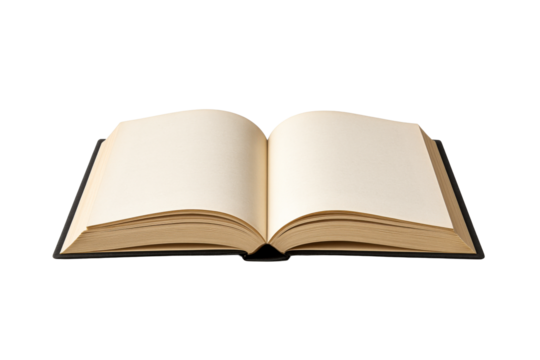 Open old book with blank cream pages on white