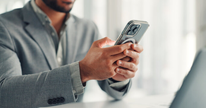 Phone, hands and businessman in office with networking, communication or email on mobile app. Typing, technology and male person with cellphone for contact, texting or research online in workplace. - Powered by Adobe