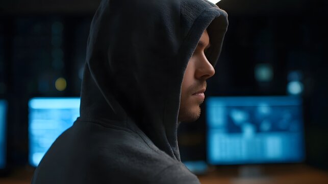 A focused man wearing a dark hoodie seen in profile stares intently at glowing computer screens in a dimly lit room at night