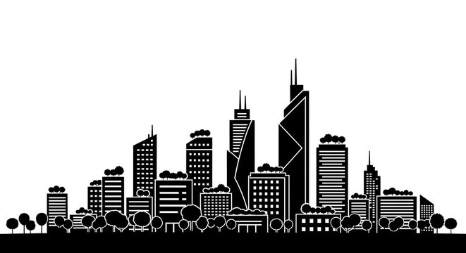 Black and white skyline silhouette of a city with trees and various building architecture designs - Powered by Adobe