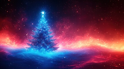 Naklejka premium Glowing Christmas tree in vibrant nebula