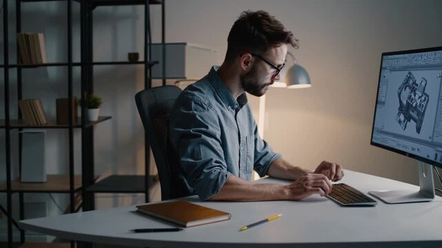 Engineer designs complex mechanical component in modern workspace at night