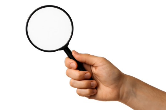 Hand holding magnifying glass isolated on white