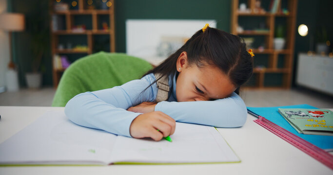 Tired, rest and child in bedroom with homework, fatigue or sleeping during problem solving at home. Burnout, learner and girl in house with notebook, nap and exhausted in homeschool assignment.