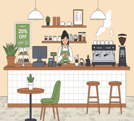 Illustration of a cozy coffee shop scene with a barista serving coffee, pastries, and a warm atmosphere, creating a welcoming space for customers to enjoy their drinks