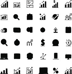 Business and finance icon grid with charts, graphs, dollar signs, magnifiers, monitors, and documents