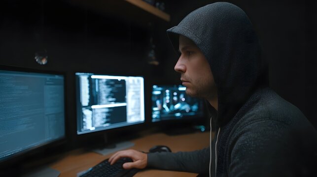 A man in a hoodie is intently focused while typing code on multiple computer screens in a dark room - Powered by Adobe