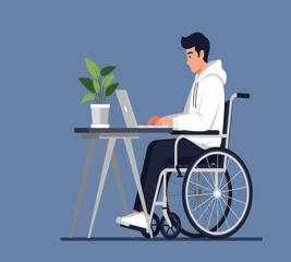 Illustration of a man in a wheelchair working on a laptop at a desk, promoting inclusivity and accessibility