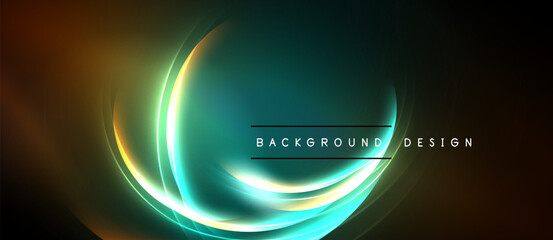 Abstract design features glowing curves, vibrant colors. Dark background emphasizes bright light effects, creating dynamic visual impact.