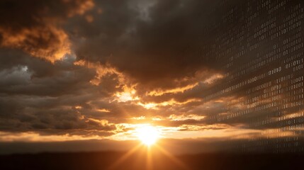Dramatic sunset beneath stormy clouds with a digital binary code overlay