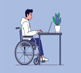 Illustration of a man in a wheelchair working on a laptop at a desk, promoting inclusivity and accessibility