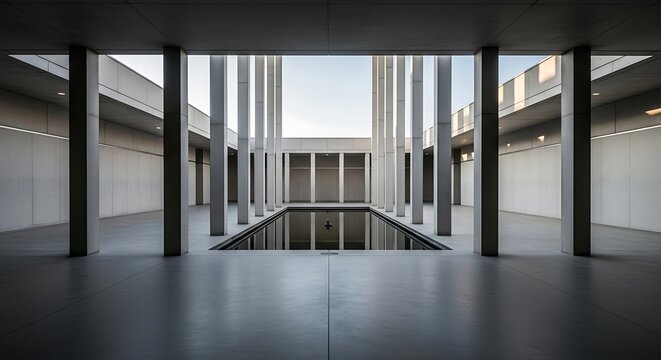 Modern architecture featuring a courtyard with a reflecting pool and columns. - Powered by Adobe