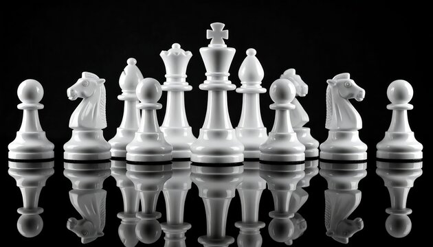 Close-up of white chess pieces in formation with their reflections on a glossy, black surface. Elegant monochrome