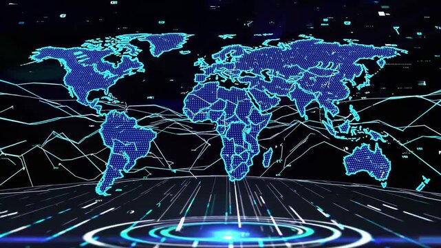 Exploring a digital map visualization with connected data points at a global scale in a futuristic environment