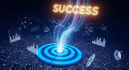Abstract target with light trails surrounded by charts and network lines on tech backdrop, concept for business strategy planning, market analysis visualization and performance evaluation