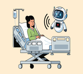 Illustration of a patient is lying in a hospital bed while a robot is talking to her, providing assistance and companionship during her recovery process