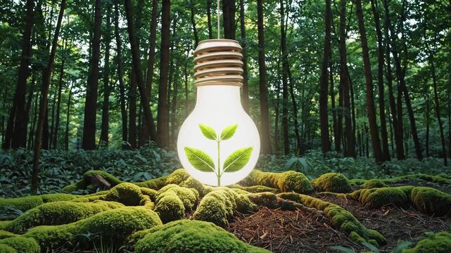 Illuminating nature with a lightbulb plant in a lush forest setting that celebrates environmental awareness and sustainability efforts