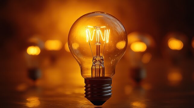 Glowing vintage light bulb, warm amber tones