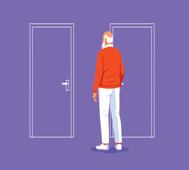 Illustration of a person stands before two open doors, contemplating which path to choose, symbolizing decisionmaking and the uncertainty of future outcomes