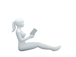 3D illustration of woman sitting and reading book, minimalist white style, relaxed and peaceful atmosphere, side view, modern design, educational and leisure concept