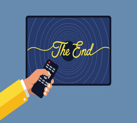 Illustration of a hand holds a remote control in front of a television screen displaying the end, signifying the conclusion of a movie or show