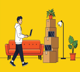 Illustration of a man carrying a laptop walks past a couch and boxes in a new home, symbolizing moving, relocation, and the start of a new chapter in life, with a bright yellow background
