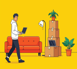 Illustration of a man carrying a laptop walks past a couch and boxes in a new home, symbolizing moving, relocation, and the start of a new chapter in life, with a bright yellow background