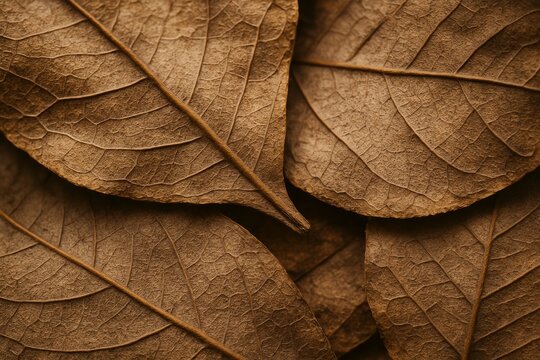 Close-up of overlapping dried brown leaves with visible veins and texture expressing autumn decay and natural patterns in high detail macro style. Ai generative - Powered by Adobe