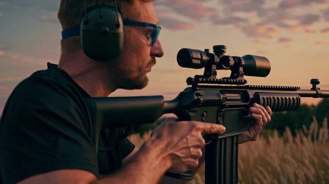 Sharpshooter aims at targets while enjoying golden hour on a shooting range
