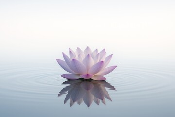 Tranquil pink lotus flower floating on calm water surface with soft ripples and reflection, symbolizing peace, balance, and inner harmony concept. Ai generative