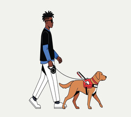 Illustration of a blind man walking with his guide dog, symbolizing independence, assistance, and overcoming disability with the help of an animal companion, on a plain background