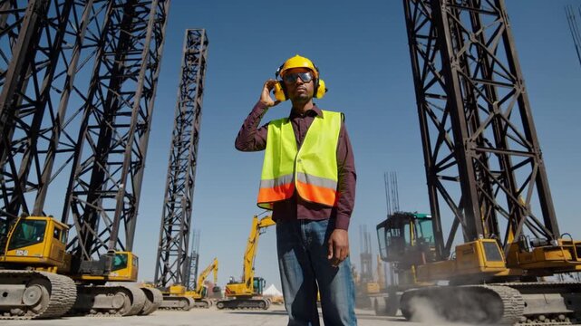 Construction worker supervises heavy machinery operations at a busy site during daylight hours - Powered by Adobe