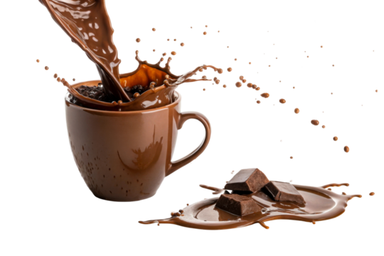 Chocolate Liquid Splash into Mug with Squares