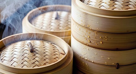 Traditional Bamboo Steamers With Rising Steam and Water Droplets Asian Cooking
