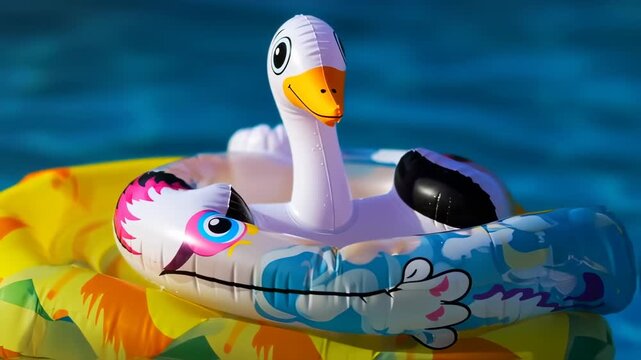 Inflatable swan pool toy floats on a colorful ring
