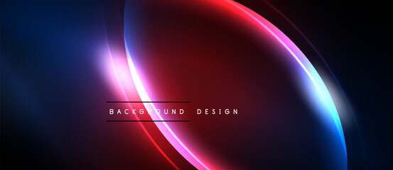 Abstract design features vibrant glowing lines, gradients. Dark background emphasizes bright curves, modern aesthetic. Minimal text present.