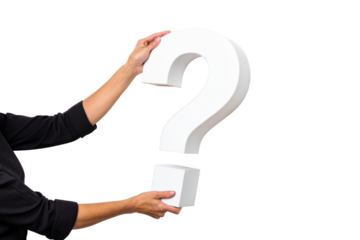 Person holding large white question mark symbol