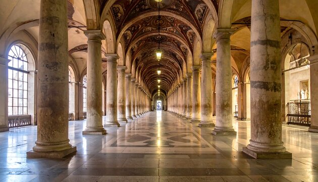 Architectural Grandeur - A Long Hallway with Columns and Arches.