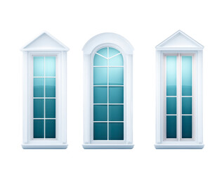 Obraz premium White window set with classic frame, glass pane, and elegant architectural style, featuring triangular and arched tops, isolated on transparent background, clean and bright